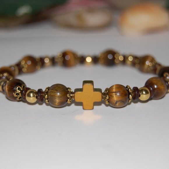 Cross Bracelet,Rosary Bracelet,Tiger Eye Bracelet,Cross Rosary Bracelet,Tiger Ey - Picture 3 of 5